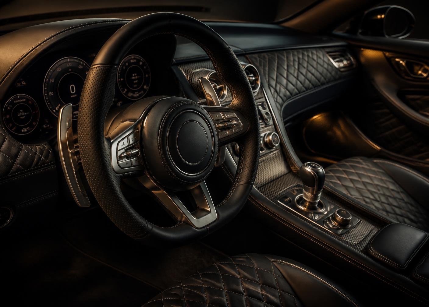 Refined cockpit with quilted leather and carbon fibre